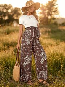 Boho Mama Pantalones largos de maternidad con patrón de anacardo, volantes y lazo en la cintura para vacaciones - Marrón - Ver 2