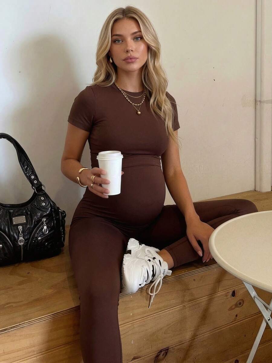 SHEIN Maternity Short Sleeve Top And Long Pants Sports Set - Brown - View 1