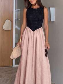 Siren Gaze Vestido Maxi Elegante y Casual de Verano para Mujeres, Vestido Largo Fluido sin Mangas con Cuello Redondo y Top Fruncido, Atuendos para Vacaciones en la Playa y Graduación, Vestidos de Verano Bicolor para Mujeres, Vestidos de Verano para Mujeres, Vestidos Casuales para Mujeres, Ropa de Verano, Atuendos de Verano para Mujeres - Rosa - Ver 8