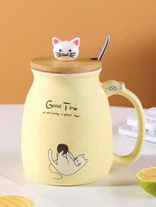 Zazumi Cute Cartoon Cat Ceramic Cup With Lid Spoon, Large Capacity Mug, Home Coffee Cup, Breakfast Milk Water Cup, Suitable For Valentine's Day Gift, Birthday Gift, Christmas Gift - Multicolor - View 15