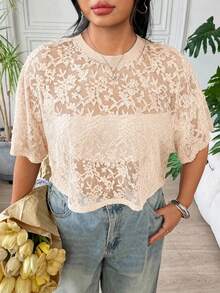 SHEIN EZwear 大尺碼女款法式浪漫風蕾絲透視T恤 - 白色 - 查看 3
