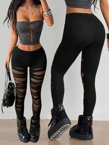 SHEIN ICON 女款性感辣妹網格拼接修身緊身褲 - 黑色 - 查看 1