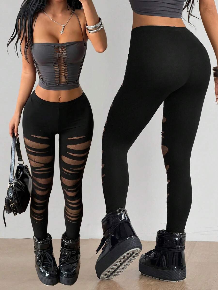 SHEIN ICON 女款性感辣妹網格拼接修身緊身褲 - 黑色 - 查看 1
