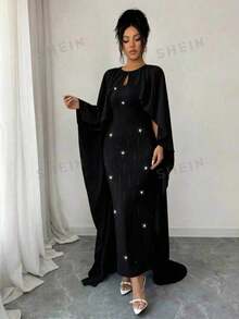Selianne Gaun Capelet Biru Muda Elegan, Gaun Panjang Formal untuk Wanita, Musim Semi/Panas - Hitam - View 5