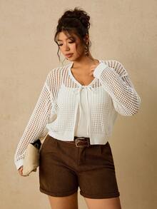Travachic Plus Size French Vacation Hollow Out Tie-Front Long Sleeve Knit Cardigan - White - View 6
