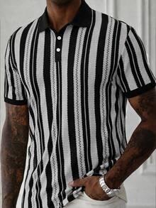 Manfinity CasualCool 男士休閒商務條紋設計 Polo 衫上衣，適合日常通勤穿著，休閒百搭 - 彩色 - 查看 4