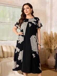 Lacomfia Plus Size Women's Chiffon Printed Double Layer A-Line Casual Dress - Black - View 5