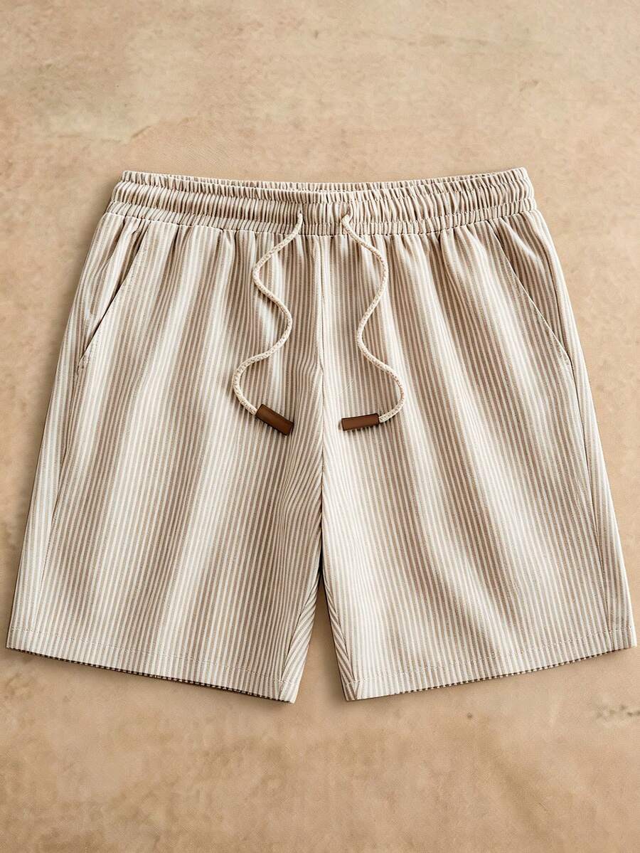 HIMLAND Pantalones cortos casuales de hombre con cintura de cordón, rayas y bolsillos - Marrón - Ver 1