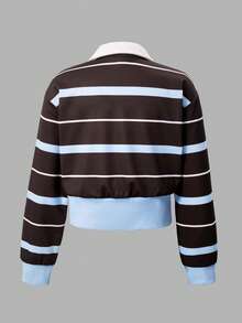 Tween Girls Polo Collar Deep Red Blue Stripe Patchwork Long Sleeve Short Sweatshirt Warm, 1pc Only Autumn Fall - Multicolor - View 4