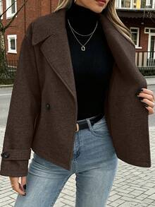 EMERY ROSE Women's Large Lapel Decorative Button Long Sleeve Wool Coat - Coffee Brown - View 5