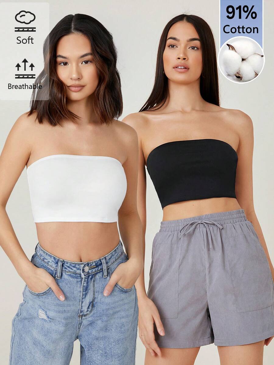 SHEIN BASICS 女款純色休閒百搭日常穿搭抹胸背心上衣 2件/組 - 彩色 - 查看 1