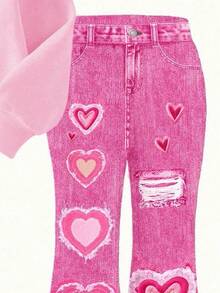 SHEIN 2pcs/Set Valentine's Day Heart Pattern Young Girl's Casual Loose Round Neck Long Sleeve Sweatshirt And Flared Pants Set - Multicolor - View 10