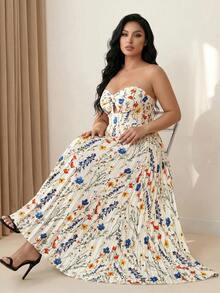 Elenzga Plus Size Women's Elegant Light Color Pleated Bustier Dress With Twisted Chest Design, Elegant Vacation & Home Wear, Slimming Long Dress For Work, Prom, Date, Party, Wedding Season, Outings - Apricot - View 3