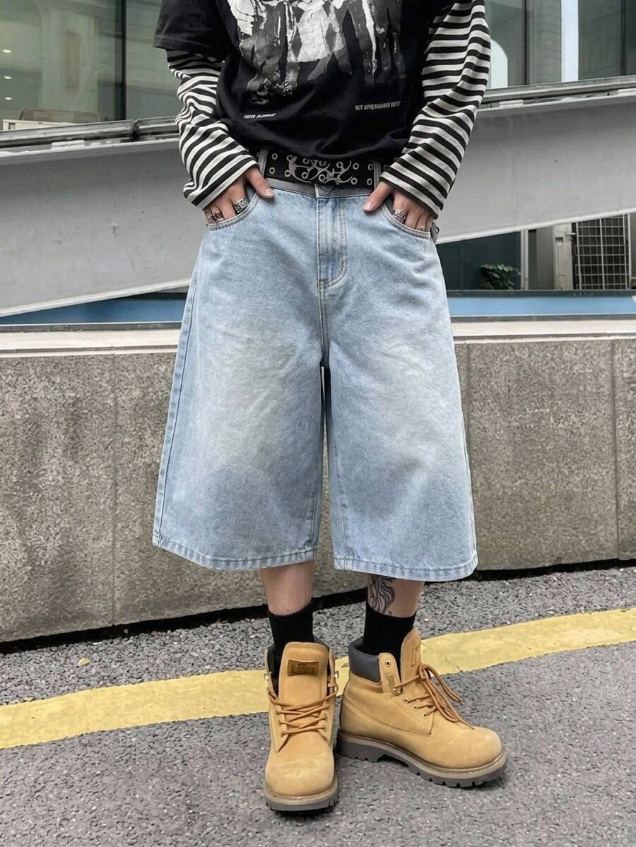 STEELVANCE 男士口袋阔腿宽松休闲牛仔短裤 - 淺色水洗藍 - 查看 1