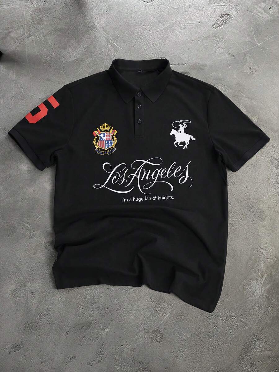 PAVTROS Men's Letter Print Short Sleeve Casual Polo Shirt - Black - View 1