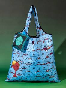 ADVENTURE TIME X SHEIN 1件裝藍色Mr. Meeseeks卡通主題可折疊購物托特包，輕量聚酯纖維可重複使用購物袋 - 淺藍色 - 查看 2