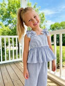 Emery Rose Kids Emery Rose Kids 女童蝴蝶結裝飾百褶條紋上衣與長褲休閒日常套裝 - 藍白色 - 查看 4