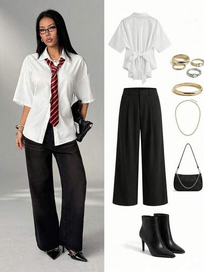 SHEIN PETITE Women's Spring/Summer Streetwear Back To School Vintage Preppy Business Casual Office Wear Basic Chic Straps Ruched White Oversized Slim Fit Shirts