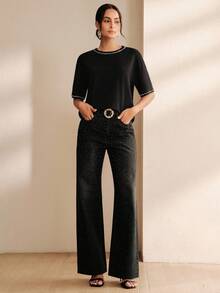 Anewsta Women's Elegant Casual Rhinestone Embellished T-Shirt, Suitable For Daily Commute Night Out Black Summer - Black - View 5