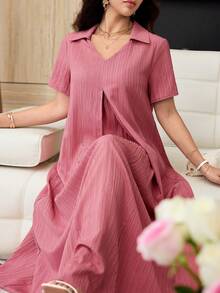 Al Najma Textured Fabric Casual Flared Shirt Collar Daily Women's Arabian Dress - Coral Pink - View 7