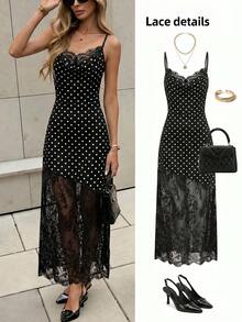 SHEIN Women's Summer Elegant Sexy Party Date Night Night Out Dress Lace Smooth Satin Asymmetrical Long Patchwork Backless Black And White Polka Dot - Black - View 7