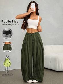 SHEIN PETITE 女款條紋百褶寬腿寬鬆休閒長褲 - 軍綠色 - 查看 6