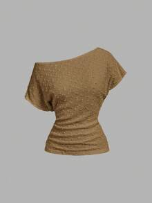 SHEIN MOD Camiseta casual versátil con fruncido asimétrico para primavera/verano - Marrón Mocha - Ver 6