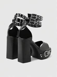 ROMWE Grunge Punk 時尚性感方頭露趾龐克風哥德金屬鉚釘踝帶厚底高跟鞋，春夏夜店派對女鞋 - 黑色 - 查看 10