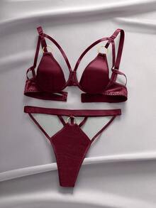 EmpressEnvy Women's Burgundy Shiny Elastic Satin Underwire Fashion Bra With Decorative Strap, Round Buckle, Triangle Cup Hook & Eye Closure, High Waist Thong 2pcs Set - Burgundy - View 1