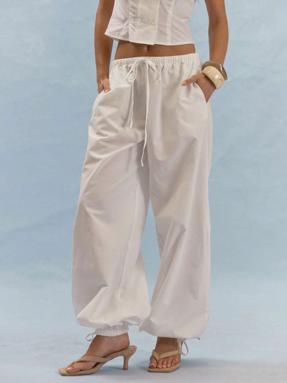 White Elastic Drawstring Waistband Wide Leg Trousers