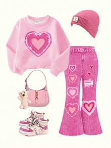 SHEIN 2pcs/Set Valentine's Day Heart Pattern Young Girl's Casual Loose Round Neck Long Sleeve Sweatshirt And Flared Pants Set - Multicolor - View 7