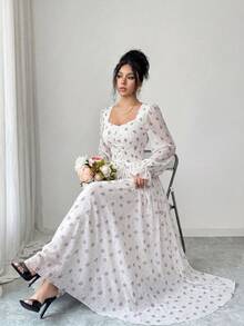 Modelyn Gaun Midi Wanita Desain Prancis dengan Leher Lubang Kunci dan Tali Ikat Pinggang, Lengan Lentera - Purple - View 5
