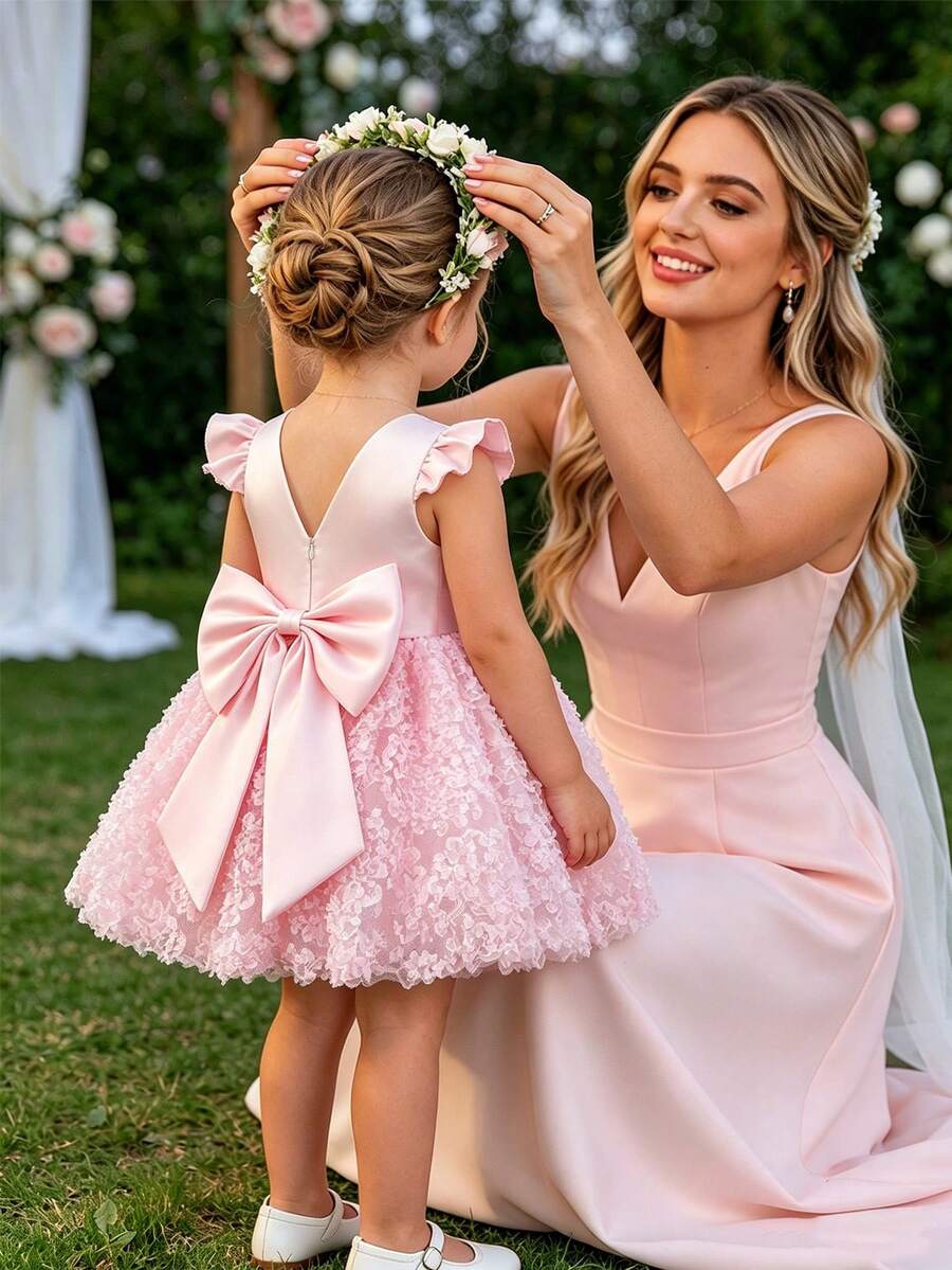 SHEIN Glamorique Kids Vestido de princesa para bebé niña con mangas de mariposa, lazo desmontable en la espalda, corpiño de satén brillante, falda con bordado floral 3D, adecuado para la fiesta del primer cumpleaños del bebé, vestido de niña de flores, fiesta de cumpleaños de bebé niña, fotos familiares, vacaciones diarias, graduación, vestido corto de verano - Rosa - Ver 1