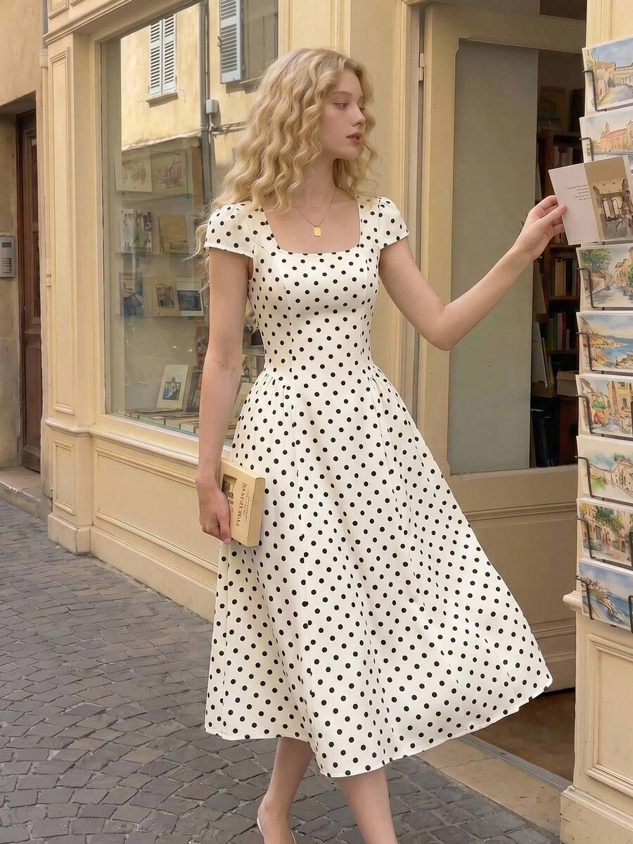 SHEIN MOD 黑白波點方格圓領短袖中長洋裝 1960年代復古法式 70年代老錢風 返校季畢業禮服 度假夏季洋裝 - 杏色 - 查看 1