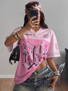 Coolane 女款花卉數位印花休閒百搭日常穿著T恤 - 粉色 - 查看 7