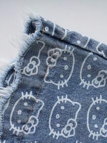 HELLO KITTY AND FRIENDS | SHEIN Women's All-Over Print Button Pocket Frayed Hem Casual Versatile Daily Wear Denim Shorts - Blue - View 8