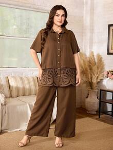 Lacomfia Minimalist Casual Solid Color Short Sleeve Hem Lace Trim Regular Fit Plus Size Shirt And Solid Color Elastic Waist Wide Leg Pants Spring/Summer Plus Size 2-Piece Set - Brown - View 6