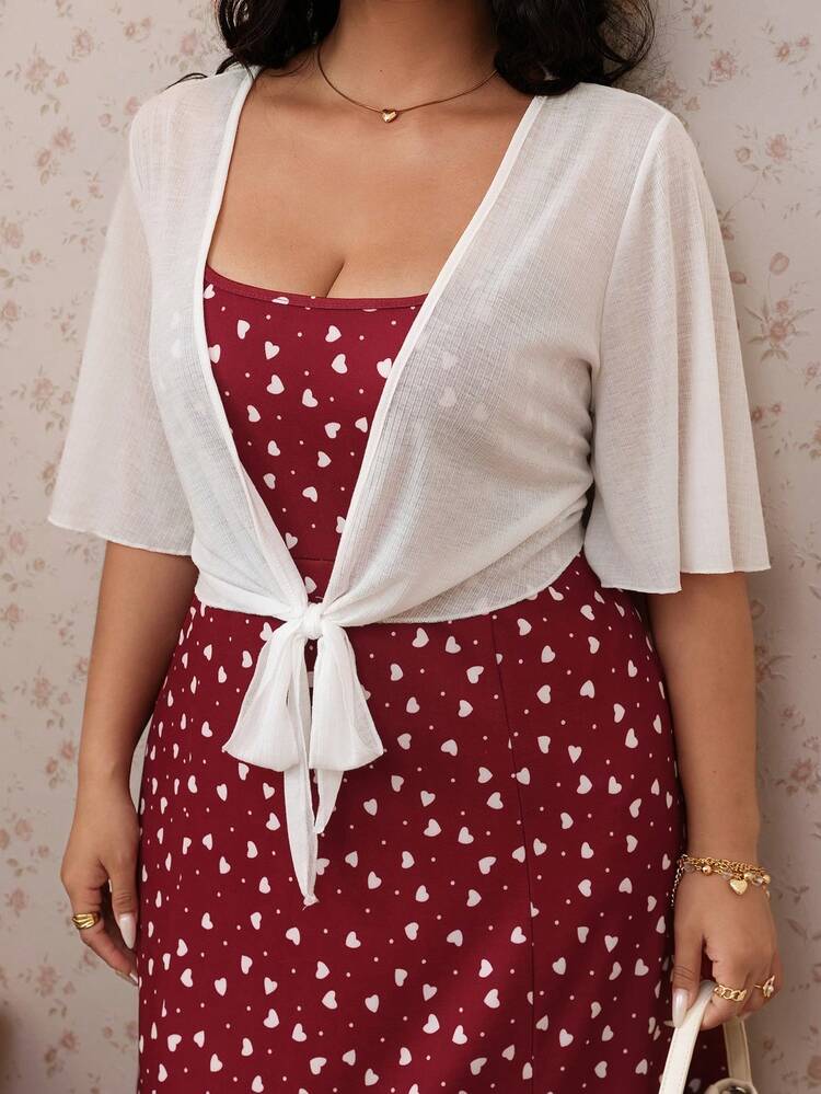 CovetEZ Nuevo conjunto de 2 piezas de vestido maxi de camisola con estampado de corazón y cubierta de punto semitransparente texturizada, talla grande casual - Rojo - Añade 3