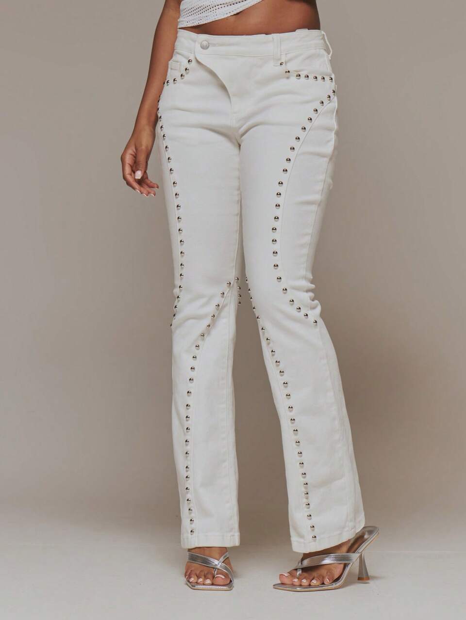 White Denim Stud Detail Flare Jean Summer Fall Winter Day Outfit Womens Outfit