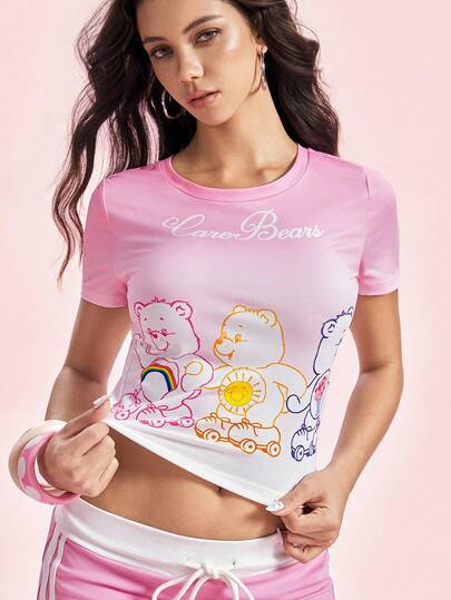 SHEIN X Care Bears Women's Round Neck Letter Cartoon Print Slim Fit Versatile Casual Short Sleeve T-Shirt