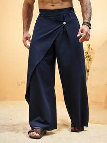 Palmeraft Men's Plus Size Solid Color Button Casual Versatile Daily Travel Long Pants - Navy Blue - View 6