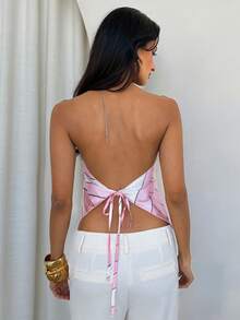 Aloruh Women's Elegant Tropical Dusty Pink Chiffon Printed Halter Neck Tie-Up Beach Holiday Night Out Vacation Vacation Top Summer - Pink - View 7