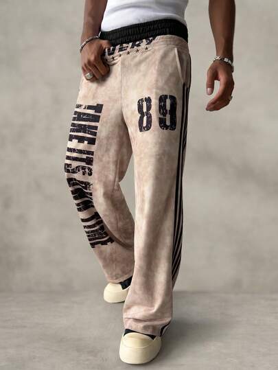PAVTROS Men's Young Street Letter Print Distressed Double Waistband Sweatpants Long Pants