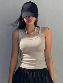 DAZY Women's Solid Color Round Neck Ribbed Casual Versatile Tank Top - Light Grey - View 2