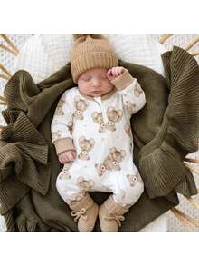 SHEIN Newborn Baby Girl Casual Cute Knitted Cartoon Pattern Long Sleeve Home Wear Romper - Apricot - View 7