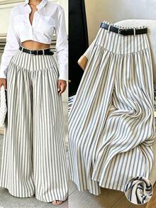Elenzga French Style Drapey Wide Leg Pants, Slimming Striped Elegant Casual Commute Long Pants For Women - Multicolor - View 1