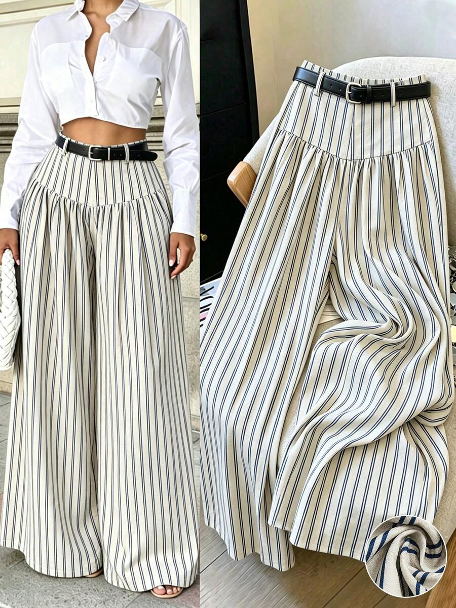 Elenzga French Style Drapey Wide Leg Pants, Slimming Striped Elegant Casual Commute Long Pants For Women - Multicolor - View 1