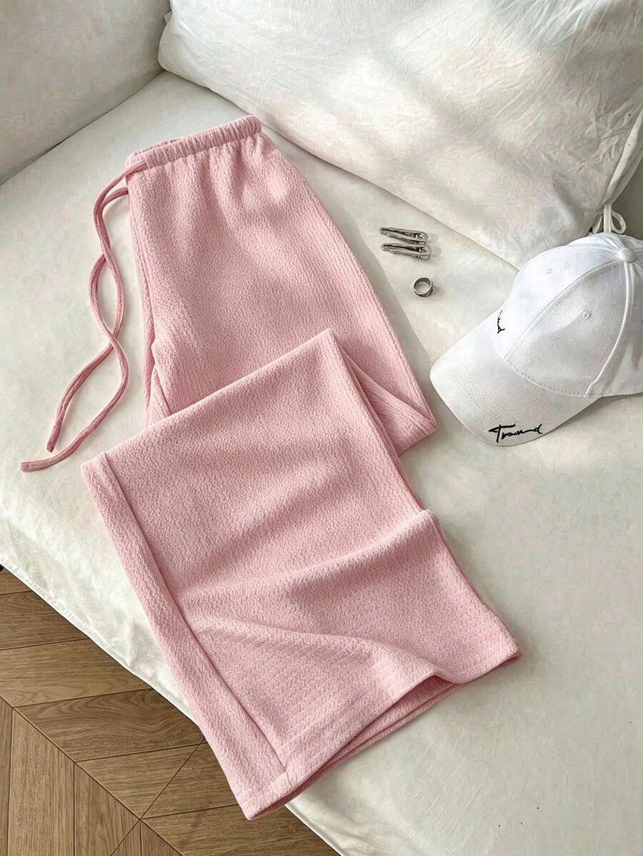 SHEIN Tall 女款夏季復古紋理鬆垮超低腰休閒長褲,修身百搭純色垂墜直筒褲 - 粉色 - 查看 1
