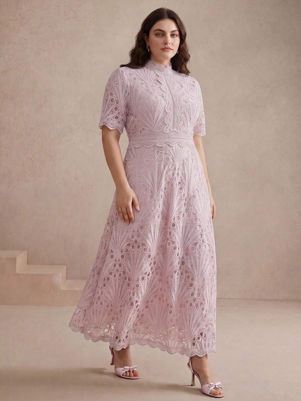 Women's Spring/Summer Elegant Vacation Date New Palace Style Vintage Hollow Lace Fairy Pink Plus Size Short Sleeve Midi Dress