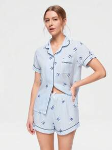 Bonmuse 女士条纹蝴蝶结印花短袖短裤睡衣套装 - 淺藍色 - 查看 7